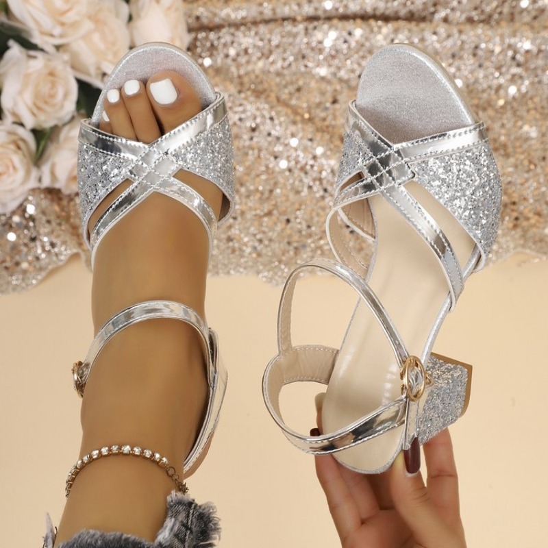 Ankle Strap Attachment - Women Block Heels Sandals Gold Sparkly